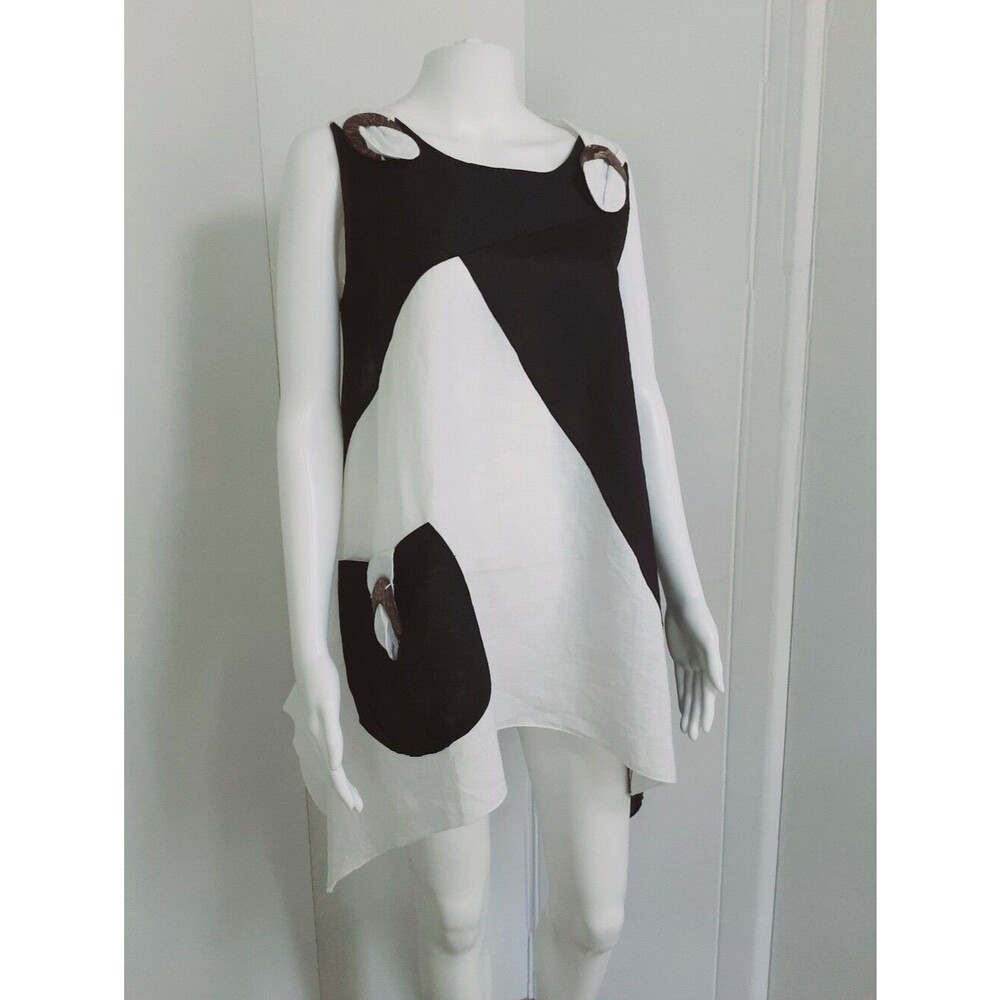 Lumiere Bold Black White Cotton | Linen Blend Handkerchief Tunic Top Sz M